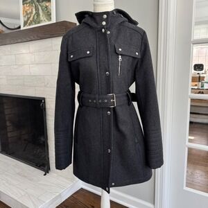 Laundry by Design Charcoal Gray Belted‎ Wool Blend Coat with Hood Womens Medium